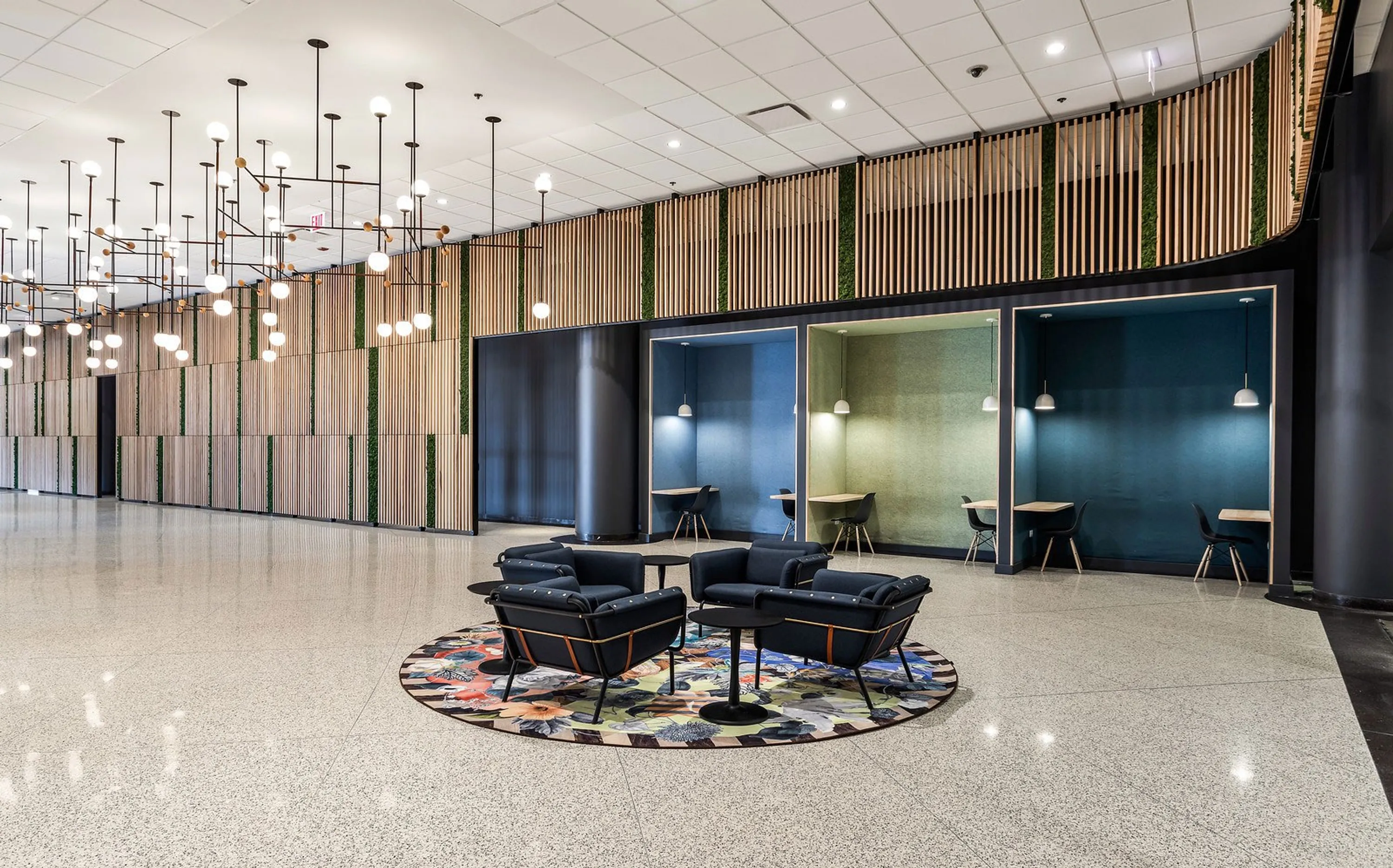 custom wall treatments in urban ash slats with faux plants by Icon Modern