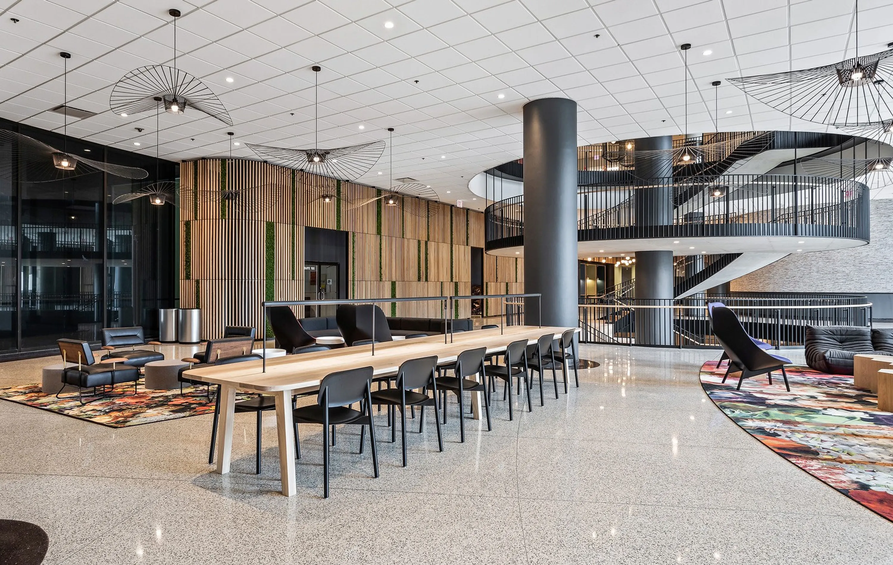 custom wall treatment in urban ash slats with faux plants by Icon Modern