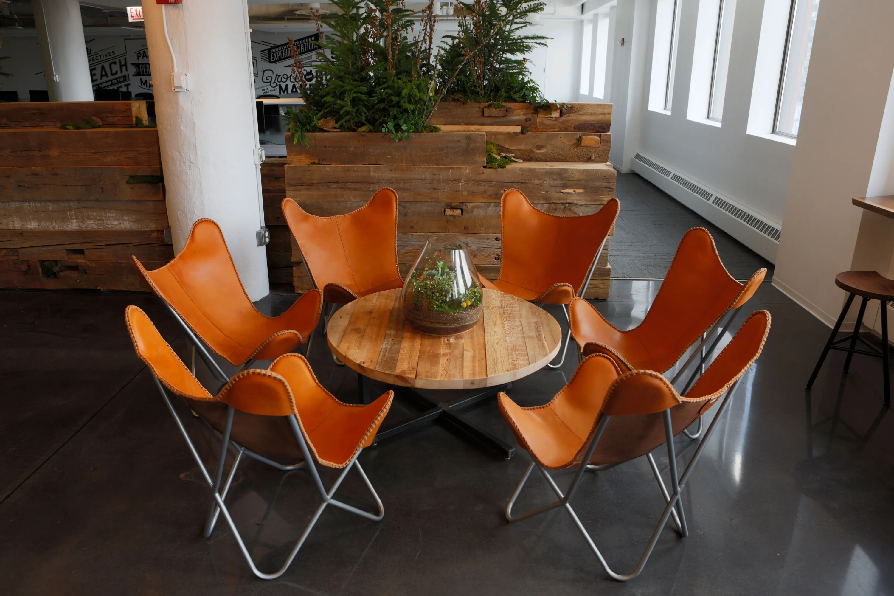 custom coffee table and space divider beams in old growth fir by Icon Modern