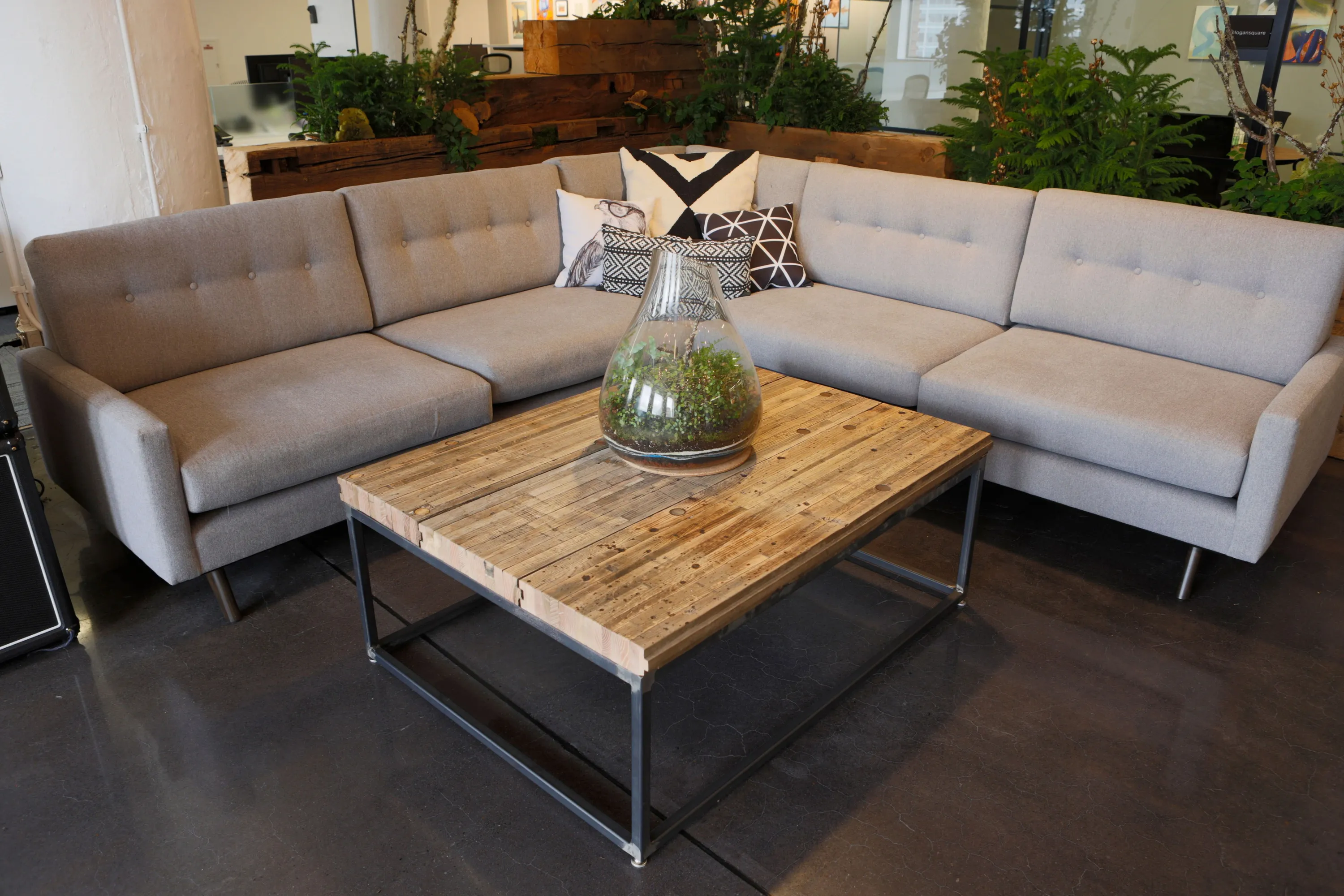 custom coffee table made from reclaimed boxcar flooring by Icon Modern