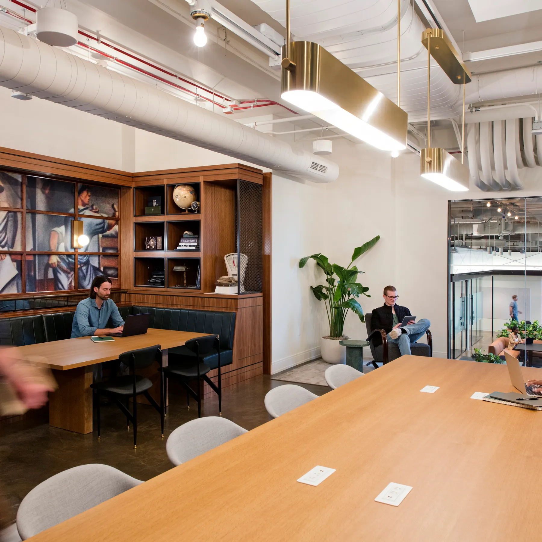 custom work tables in oak veneer with power units by Icon Modern