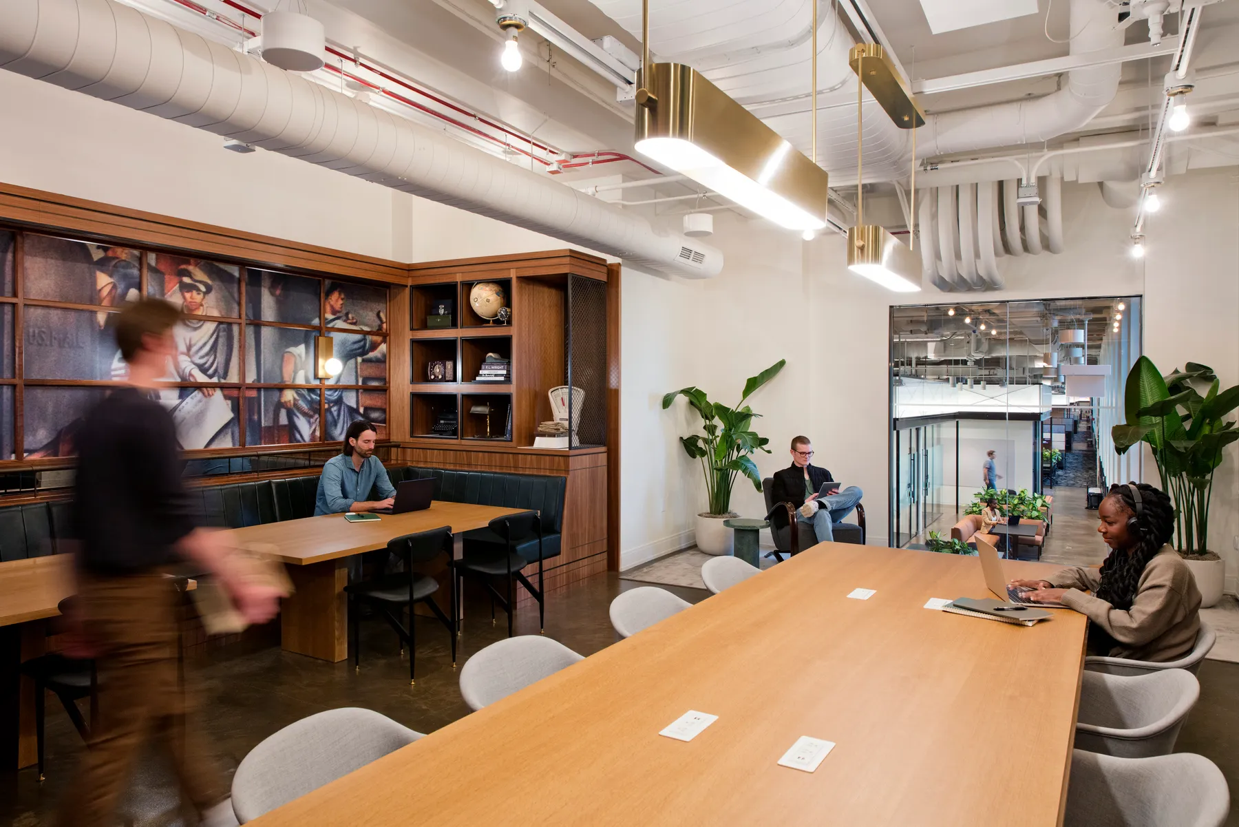 custom work tables in oak veneer with power units by Icon Modern