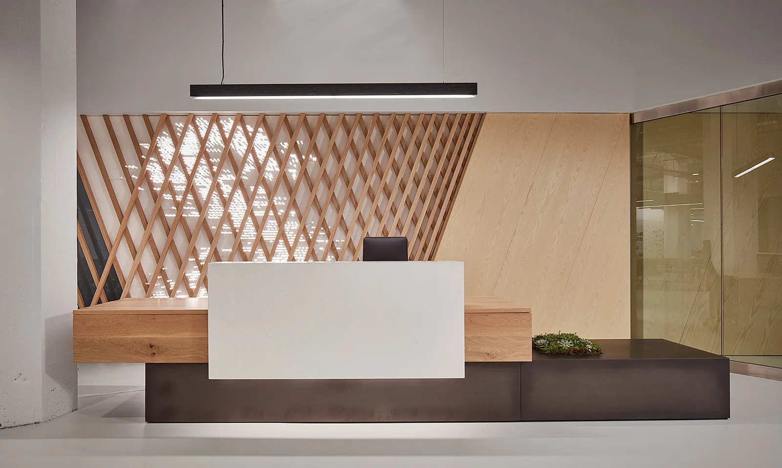 custom reception desk and feature wall by Icon Modern