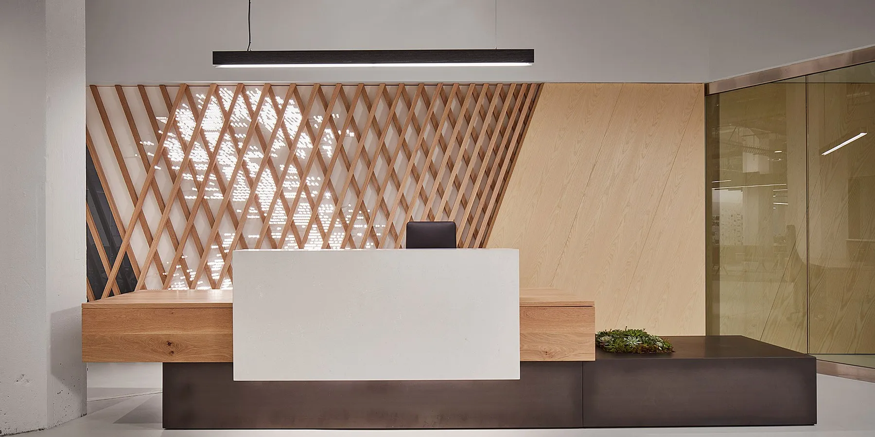 custom reception desk and feature wall by Icon Modern