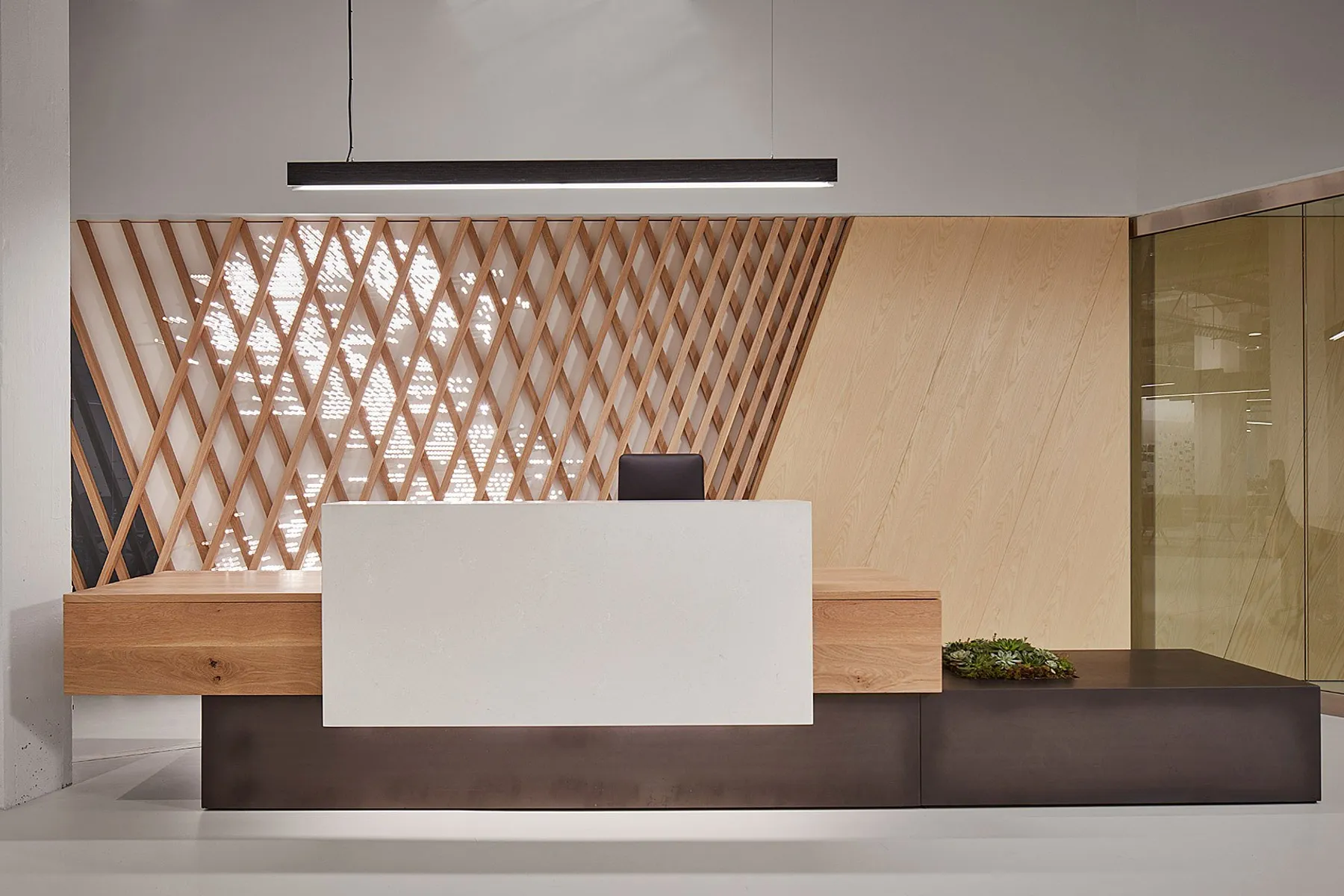 custom reception desk and feature wall by Icon Modern