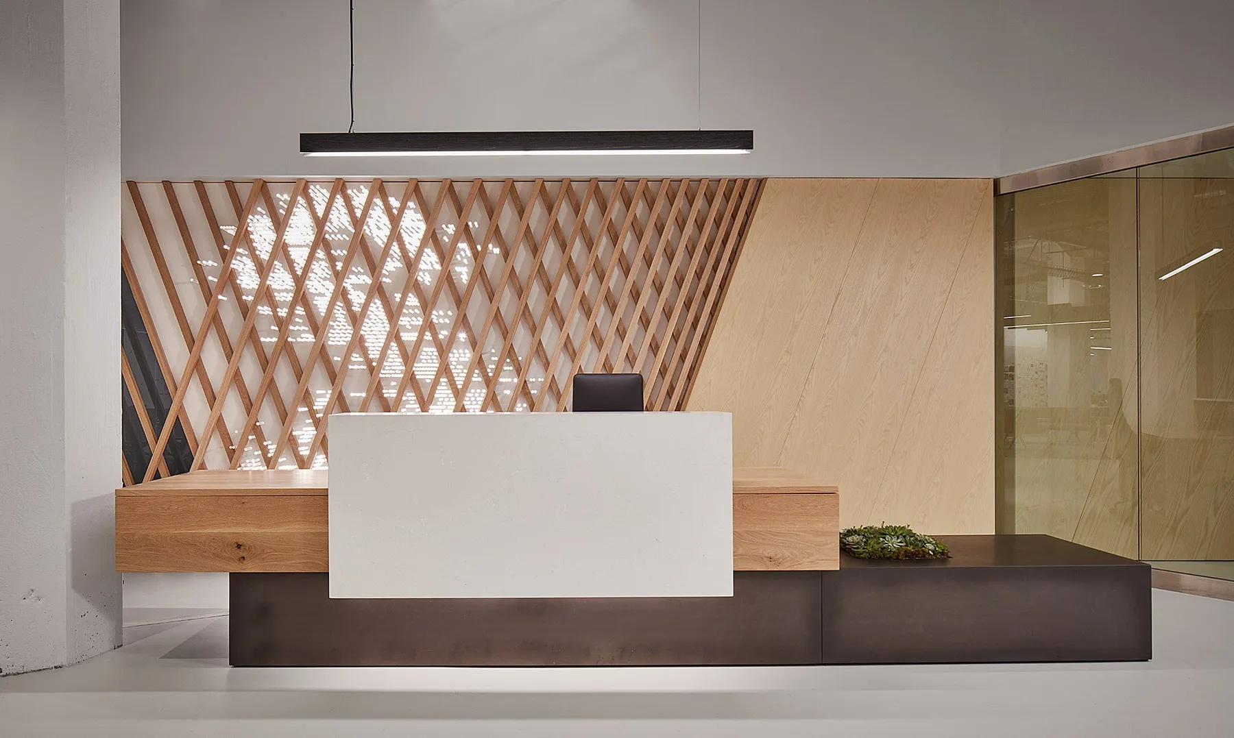 custom reception desk and feature wall by Icon Modern