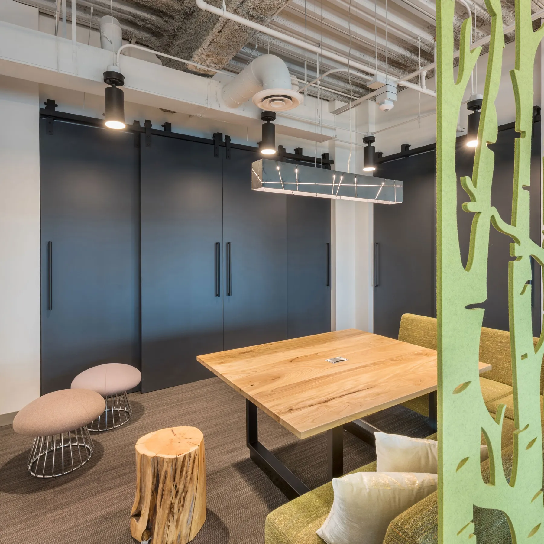 custom community table in urban elm with power/data drop-in by Icon Modern