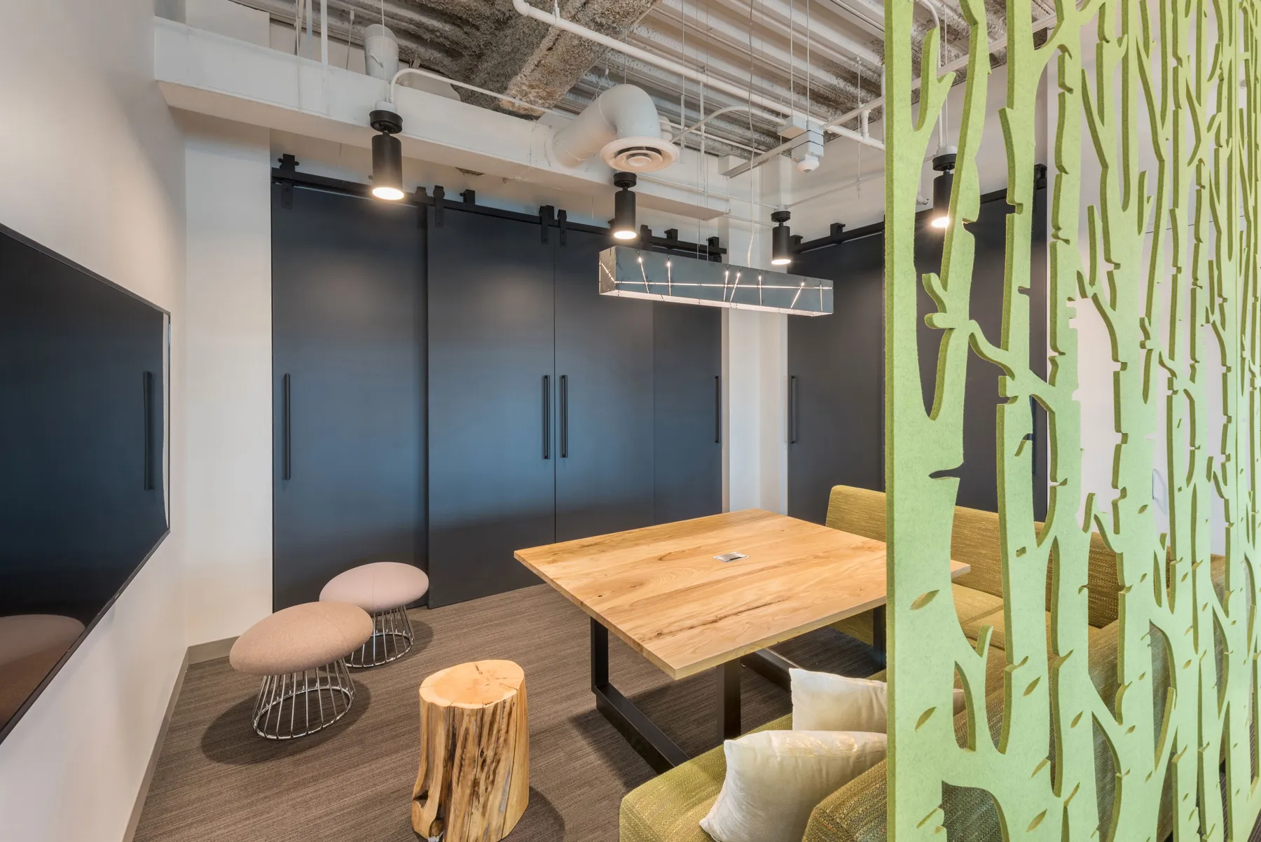 custom community table in urban elm with power/data drop-in by Icon Modern