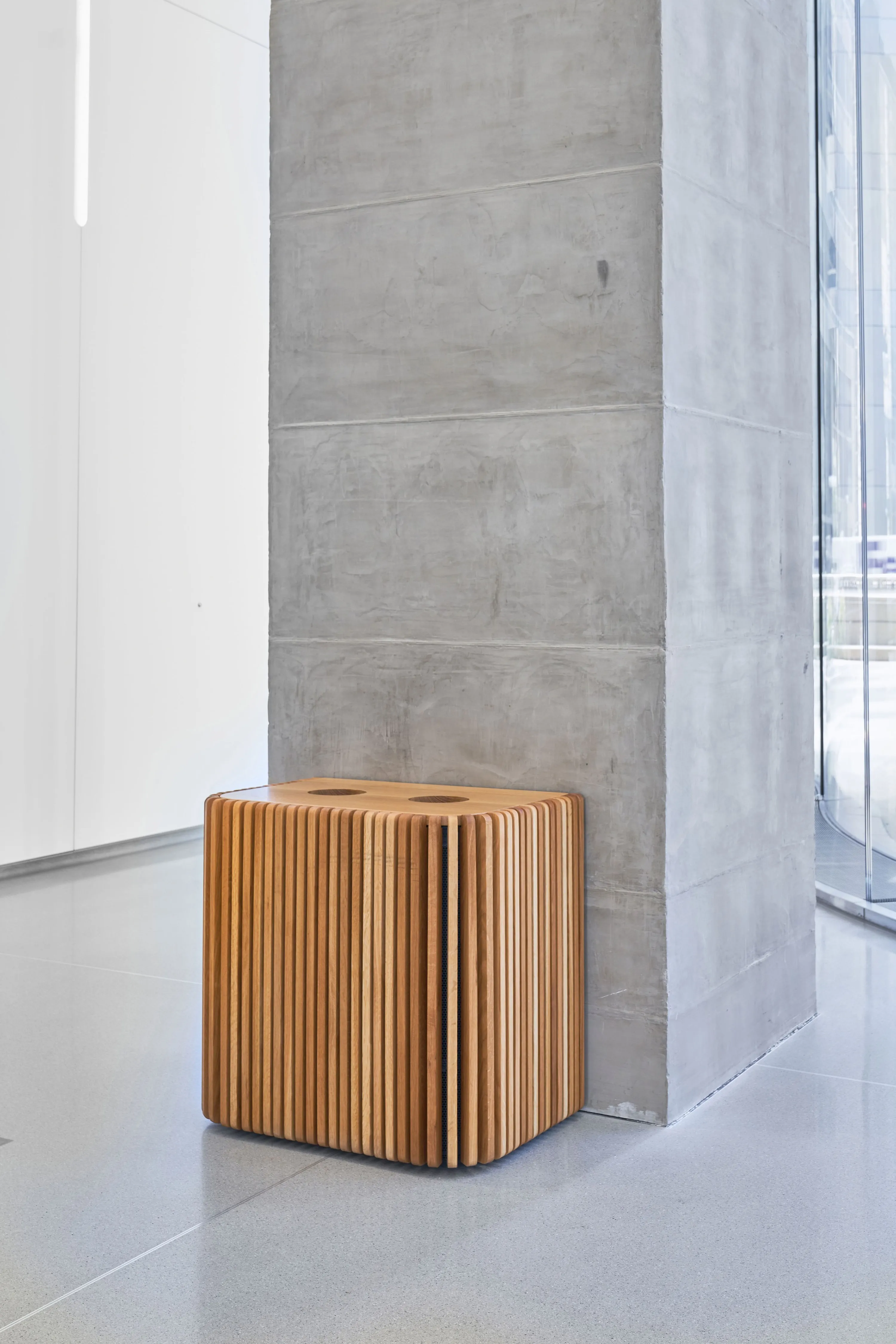 custom trash receptacle in urban oak slats by Icon Modern