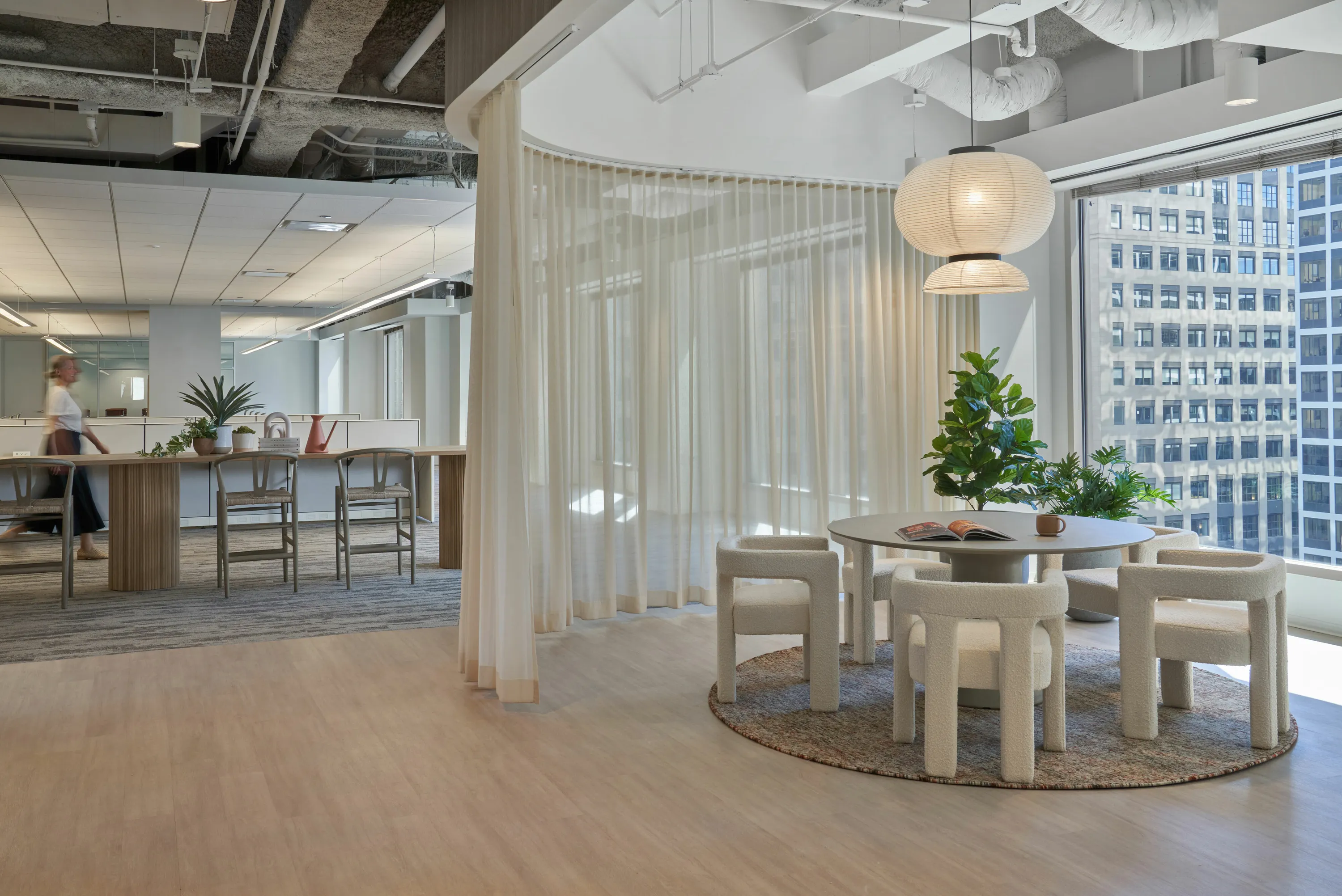 custom oak table with tambour drum base (far left) by Icon Modern
