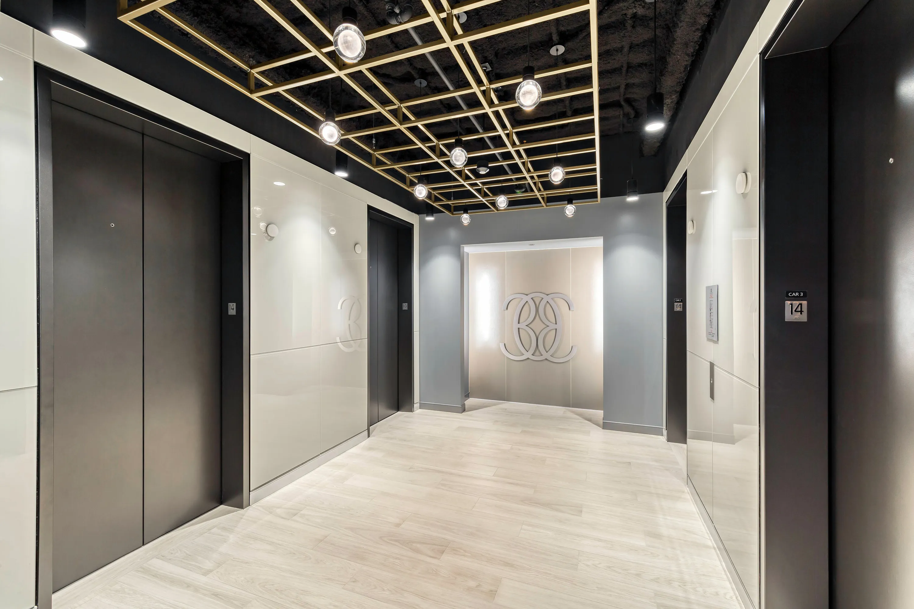 custom ceiling element in bronze powdercoated steel grid by Icon Modern