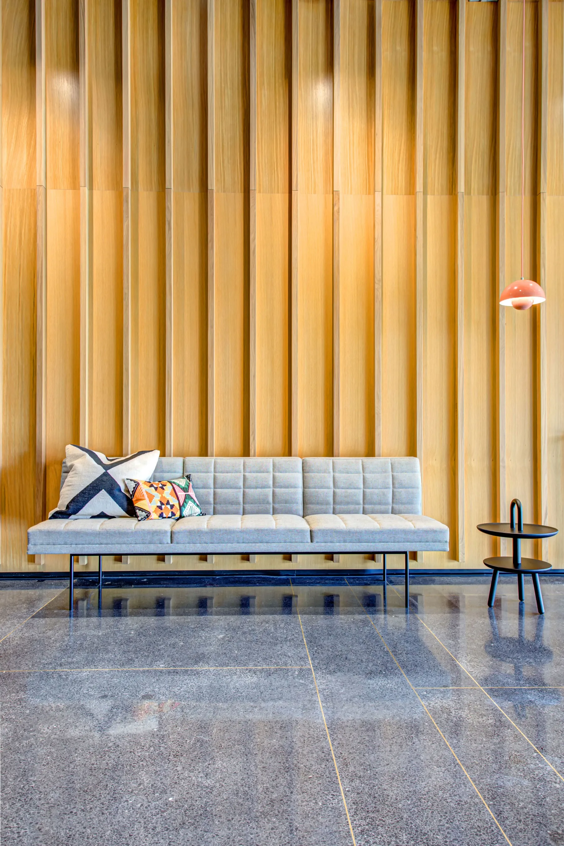 custom commercial wall treatment oak slats by Icon Modern